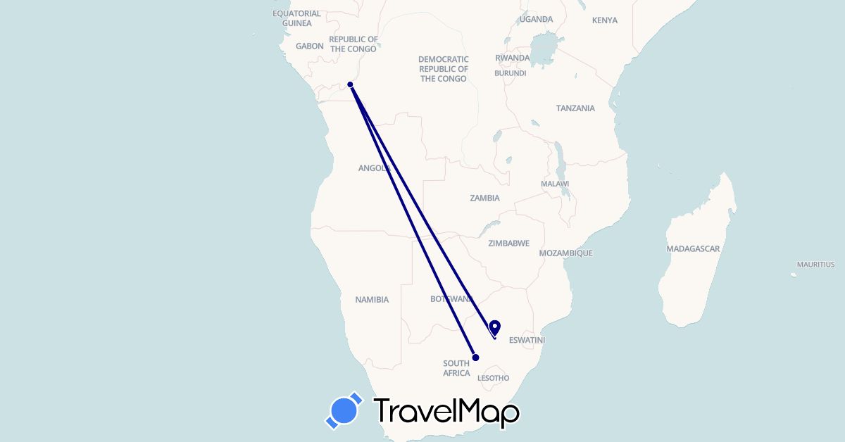 TravelMap itinerary: driving in Democratic Republic of the Congo, South Africa (Africa)